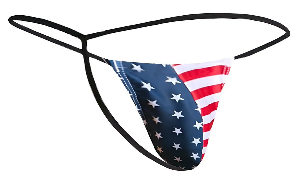 Black thong g-string with american flag design by justin simon classic usa flag color showing front side