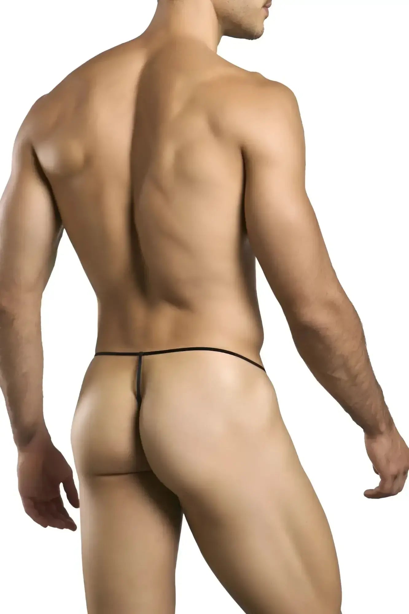 Black thong g-string with thin sleek design in usa flag colors by justin simon, shown from the back side