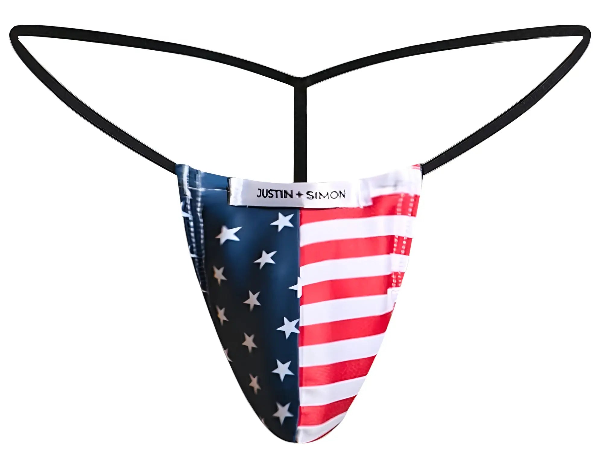 Just in simon classic g-string thong with bold usa flag design in red white and blue stretchy fabric