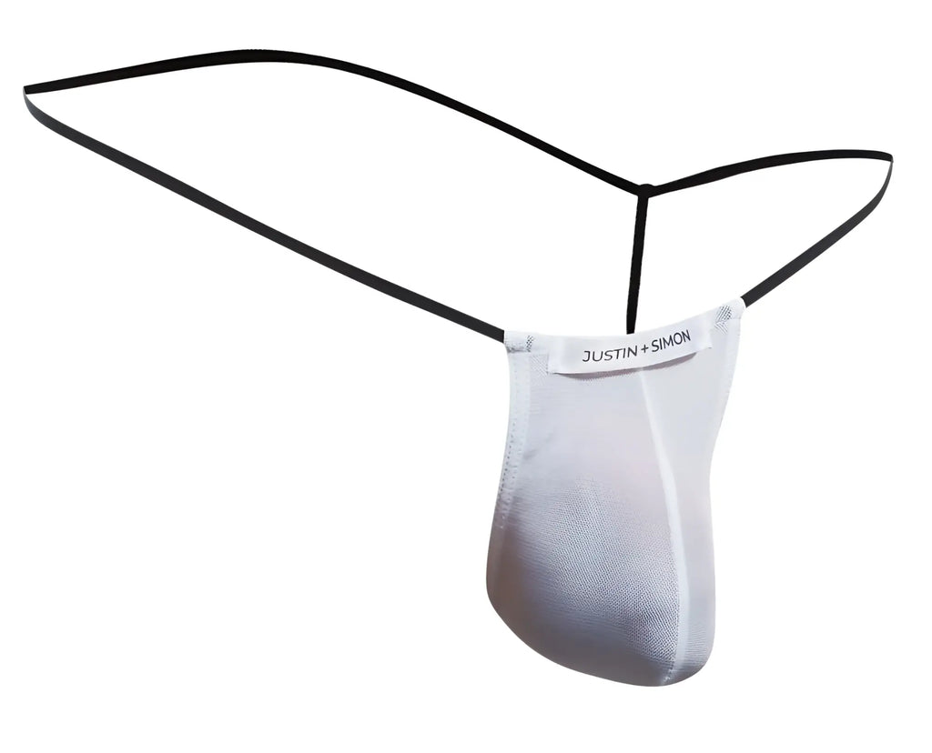 Black and silver mesh thong from justin and simon classic g-string in white mesh shown from the back side