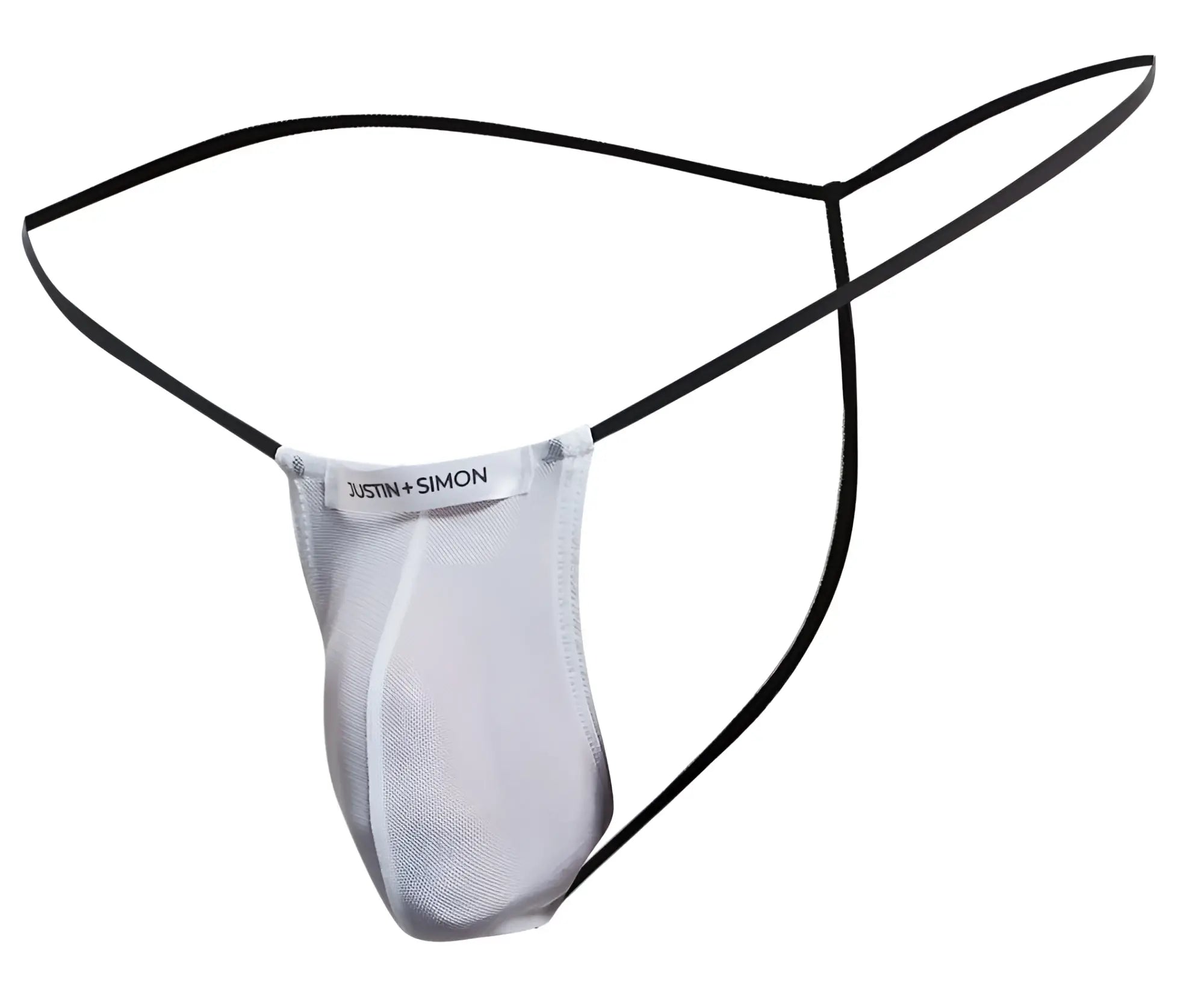 White mesh thong with black elastic straps branded justin simon classic g string xsj02 front view