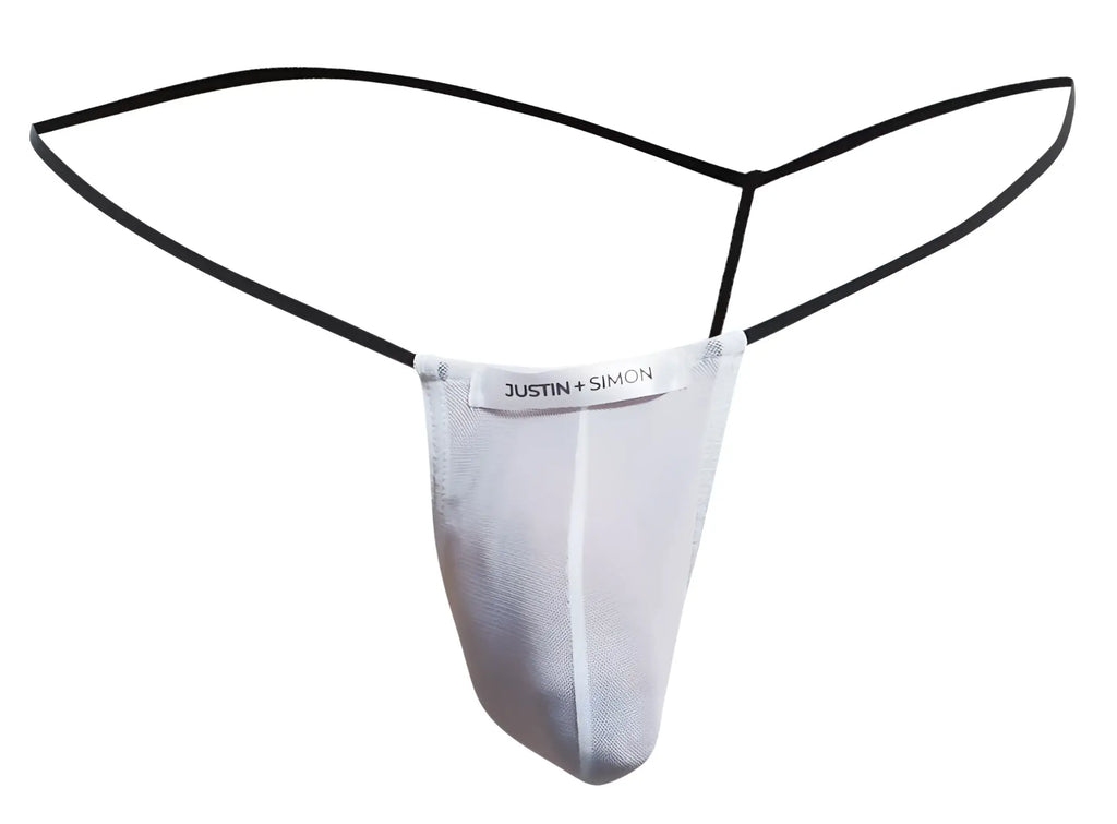 White mesh thong with black elastic straps and justin simon brand label from the justin simon xsj02 classic g-string collection