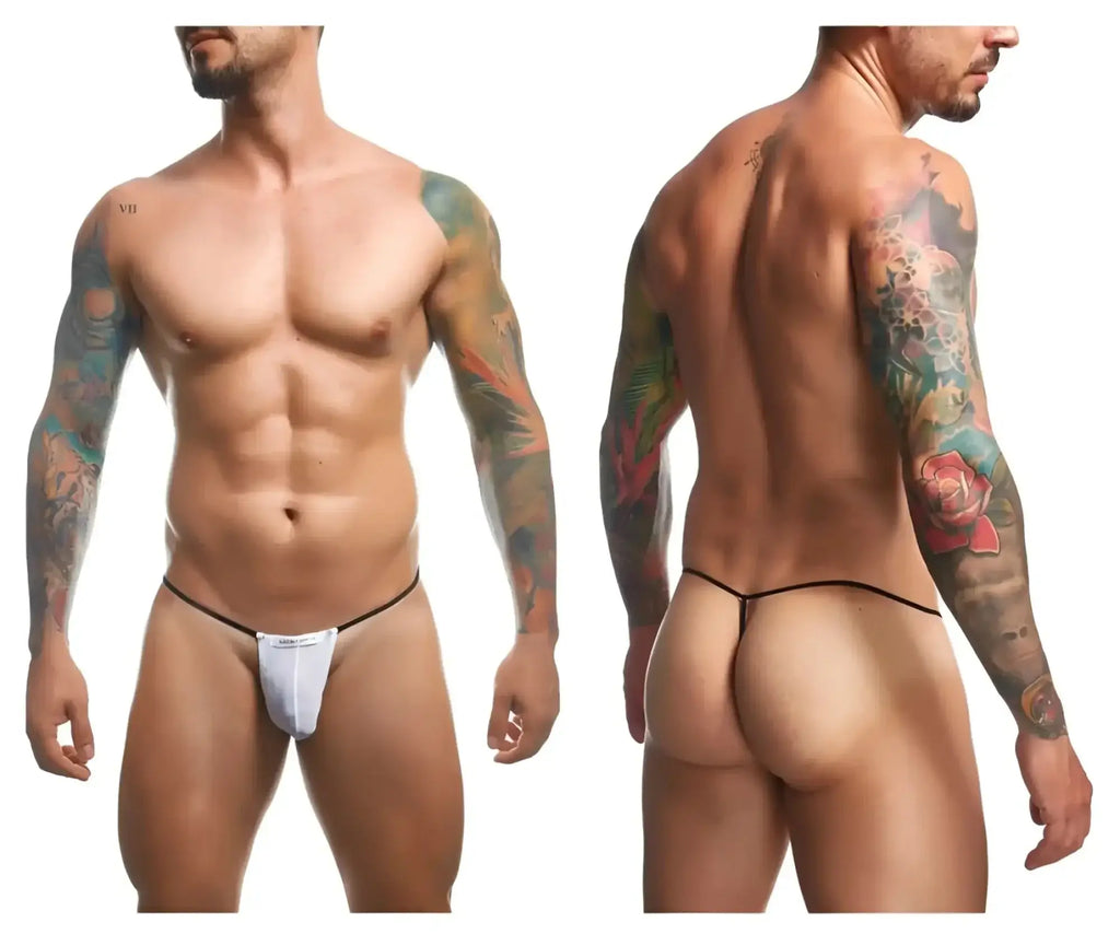 White mesh justin simon xsj02 classic g-string thong with black trim and small front logo