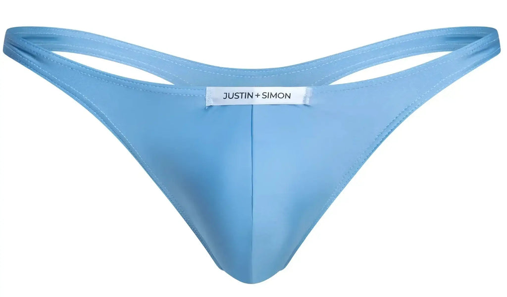 Light blue satin thong with white justin simon label on the back in the classic baby blue xsj03 style
