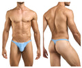 Light blue form-fitting thong underwear with subtle brand tag at front from JUSTIN SIMON classic thongs collection