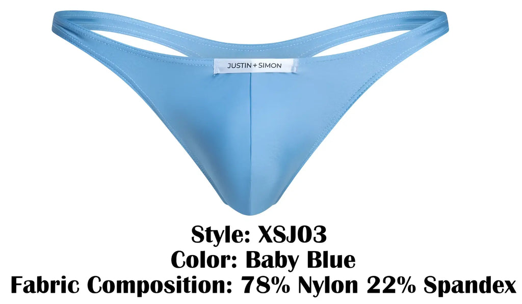 Baby blue classic thong by Justin plus Simon style xsj03 showing front side with soft comfortable fabric