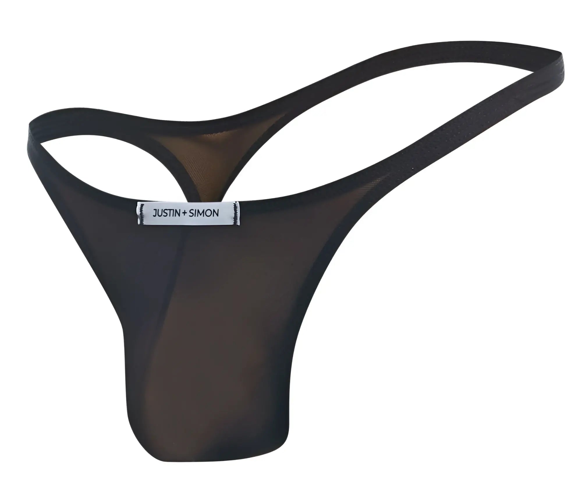 Black sheer mesh thong with branded justin plus simon waistband from the xsj03 classic thongs collection