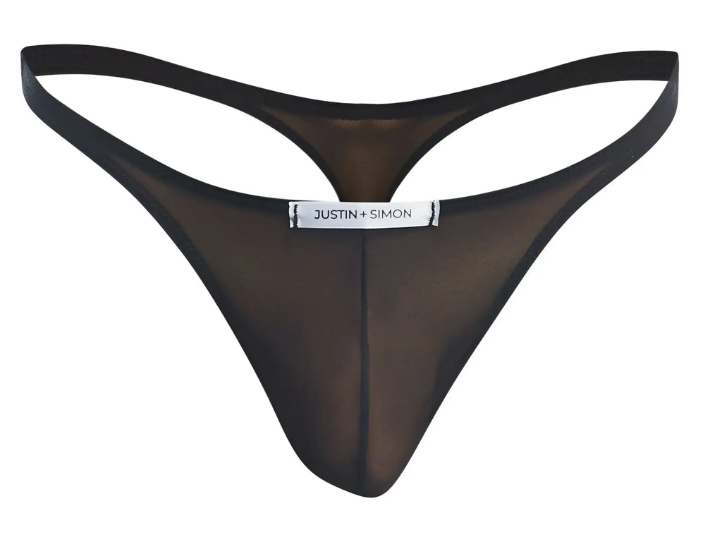 Black sheer mesh thong with black elastic waistband and justin plus simon label from JUSTIN+SIMON XSJ03 Classic Thongs