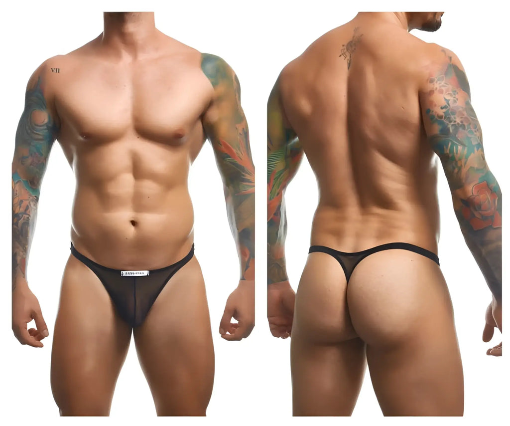 Justin+Simon xsj03 classic black mesh thong with small white label at the front for comfortable wear