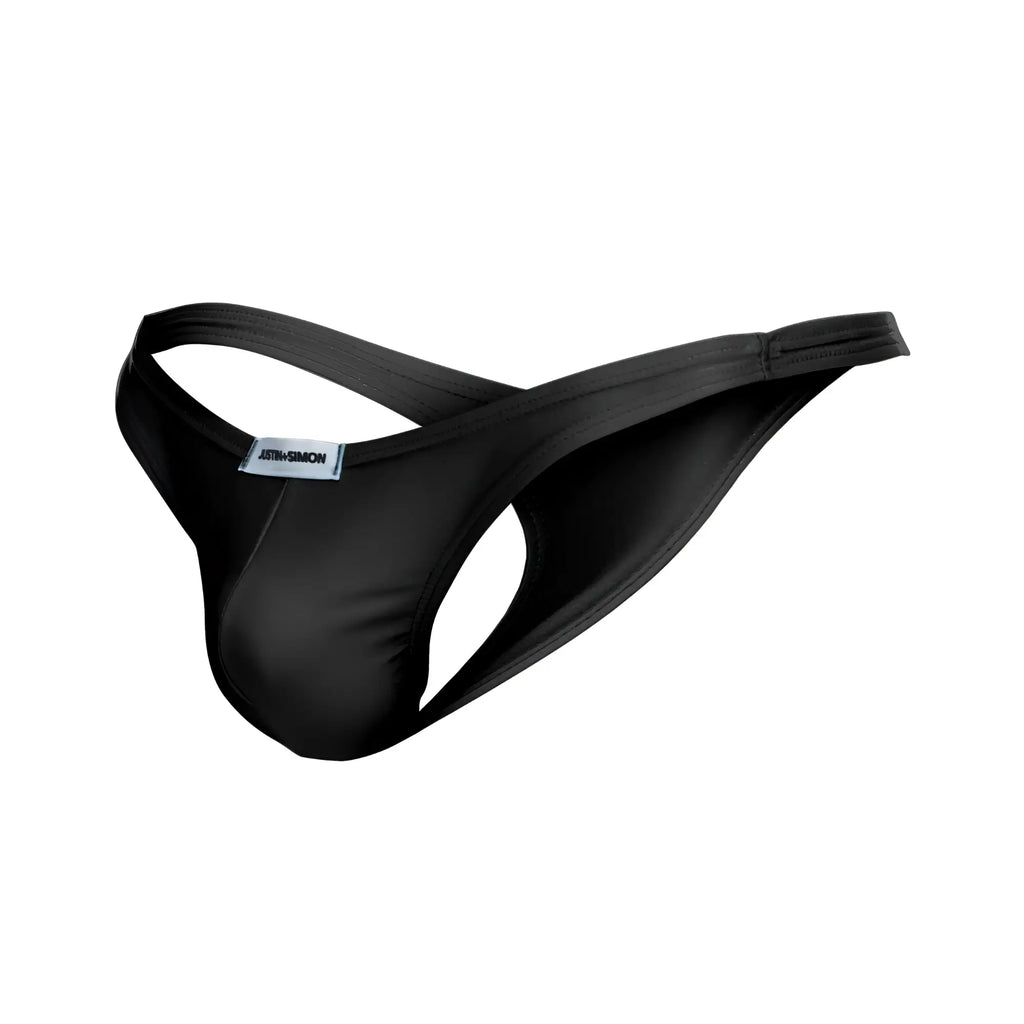 Black satin classic thong with sleek minimalist design and small brand tag at the back by justin simon xsj03