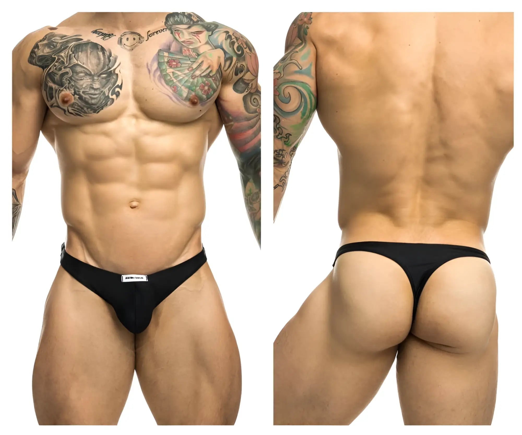 Black classic thong by justin simon with a small white label at the waistband shown from the back side