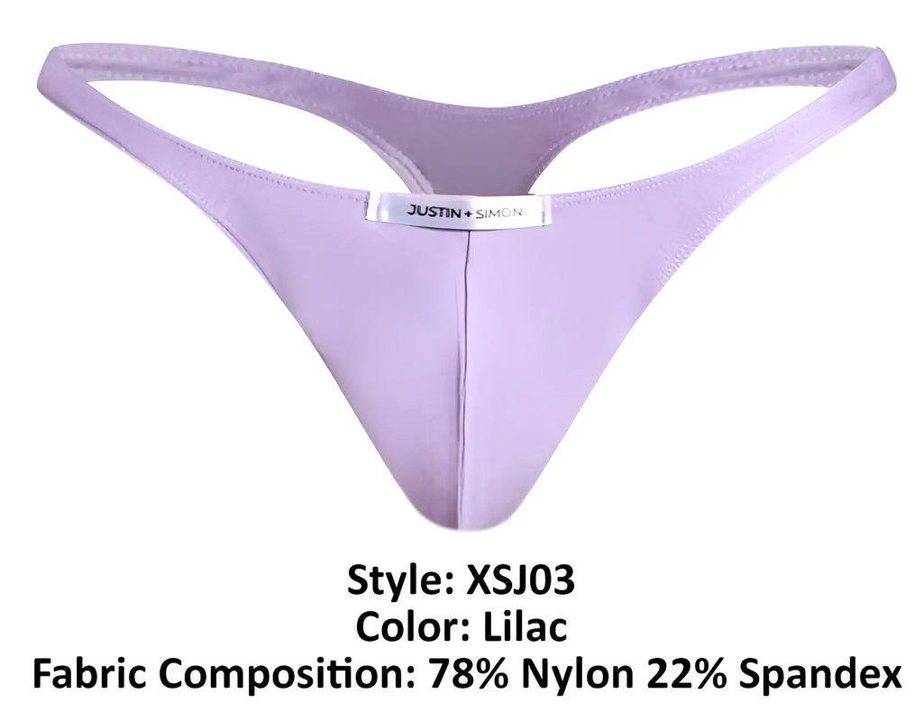 Lilac justin simon classic thong made of 78 nylon 22 spandex showing front side for comfortable wear