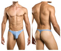 Light blue textured men’s thong with subtle pattern and small brand tag front by justin simon xsj03 classic thongs