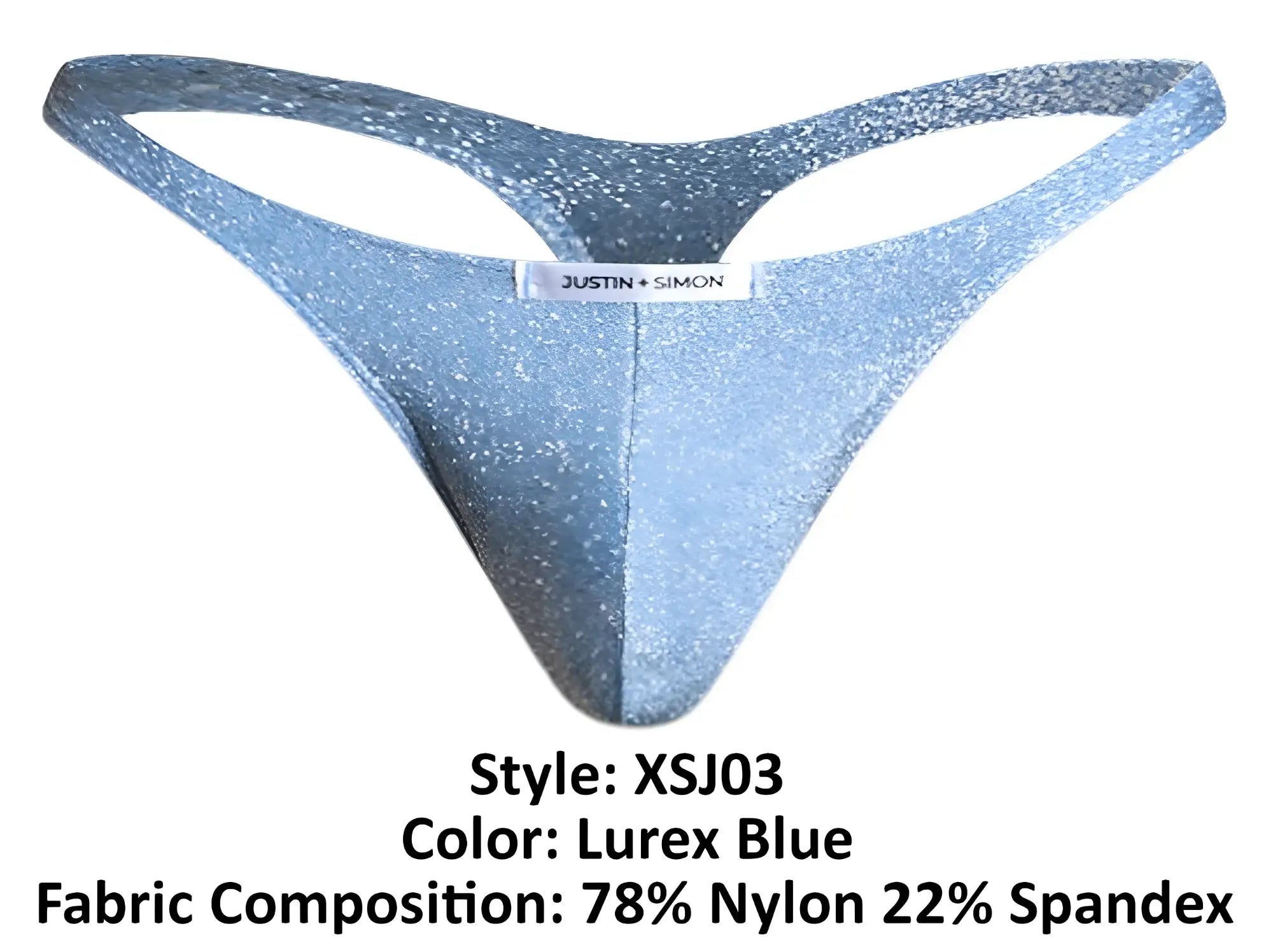 Justin simon classic thong in lurex blue made with a shimmering 78 nylon and 22 spandex fabric blend