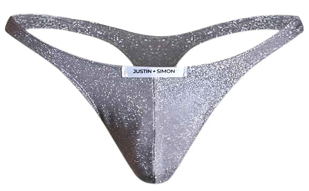 Shiny silver glitter thong by Justin Simon in lurex gray classic style for stylish everyday wear