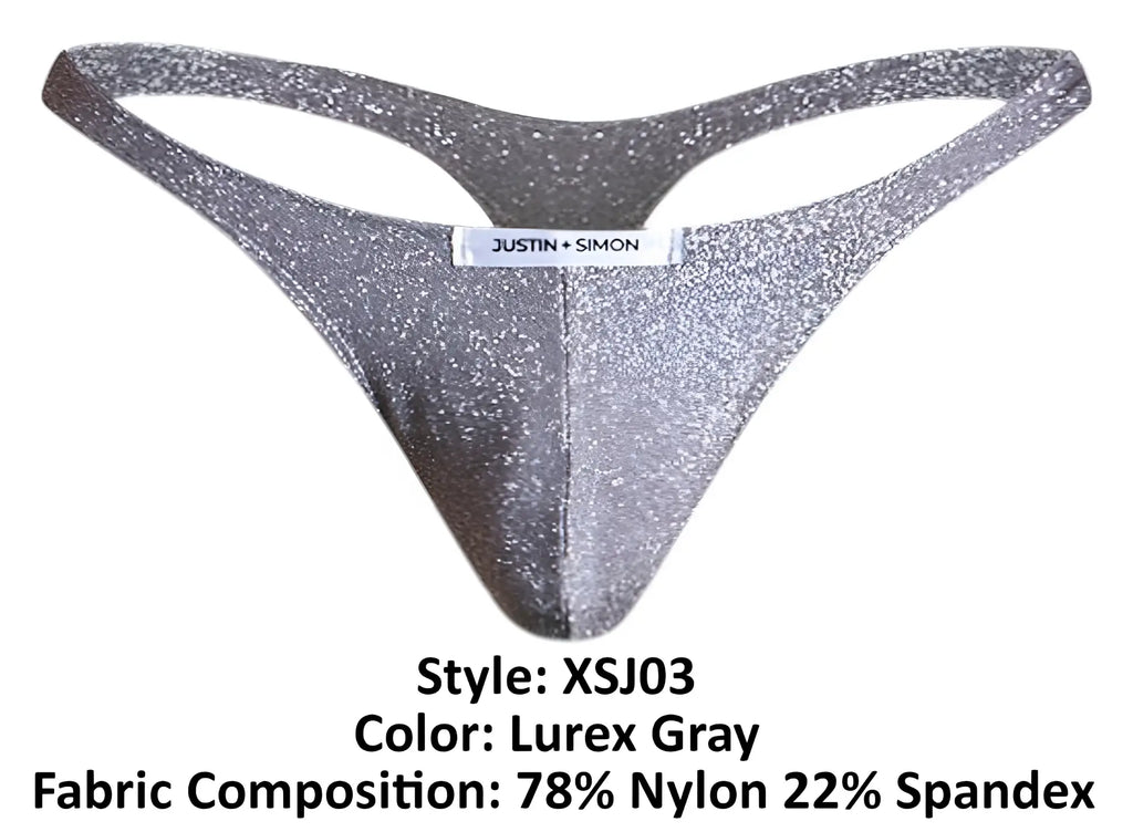 Silver glittery lurex gray thong from justin + simon style xsj03 featuring classic design shown from the back side