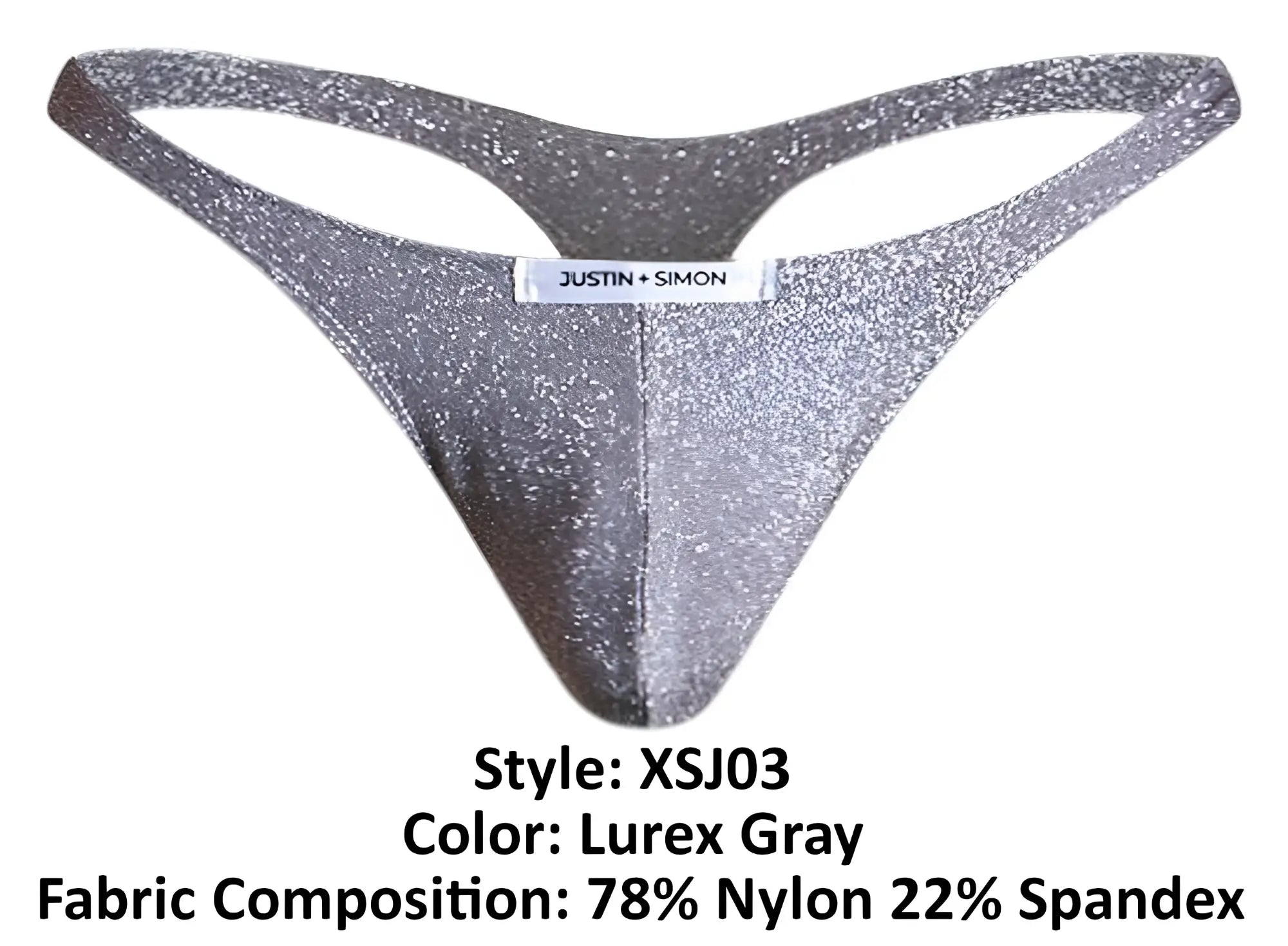 Silver glittery lurex gray thong from justin + simon style xsj03 featuring classic design shown from the back side
