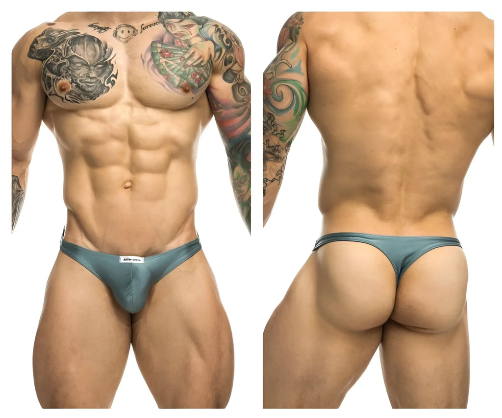 Teal metallic justin simon XSJ03 classic thong with a small white brand tag on the waistband in metal green color