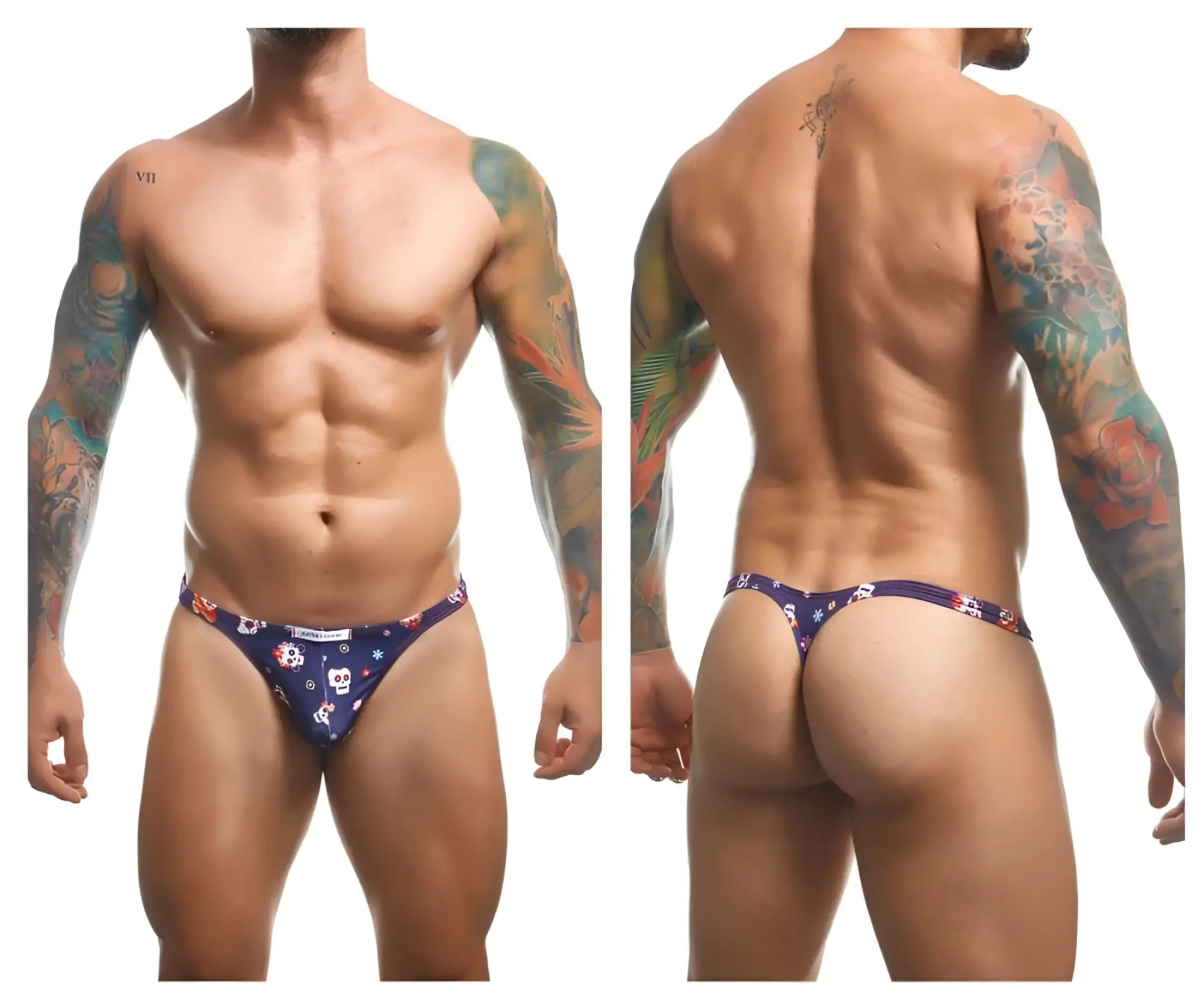 Dark blue classic thong with white skulls and red flowers pattern from justin simon color mexico collection