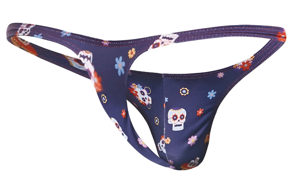 Navy blue justin simon xsj03 classic thong with colorful sugar skull and floral pattern in mexico style