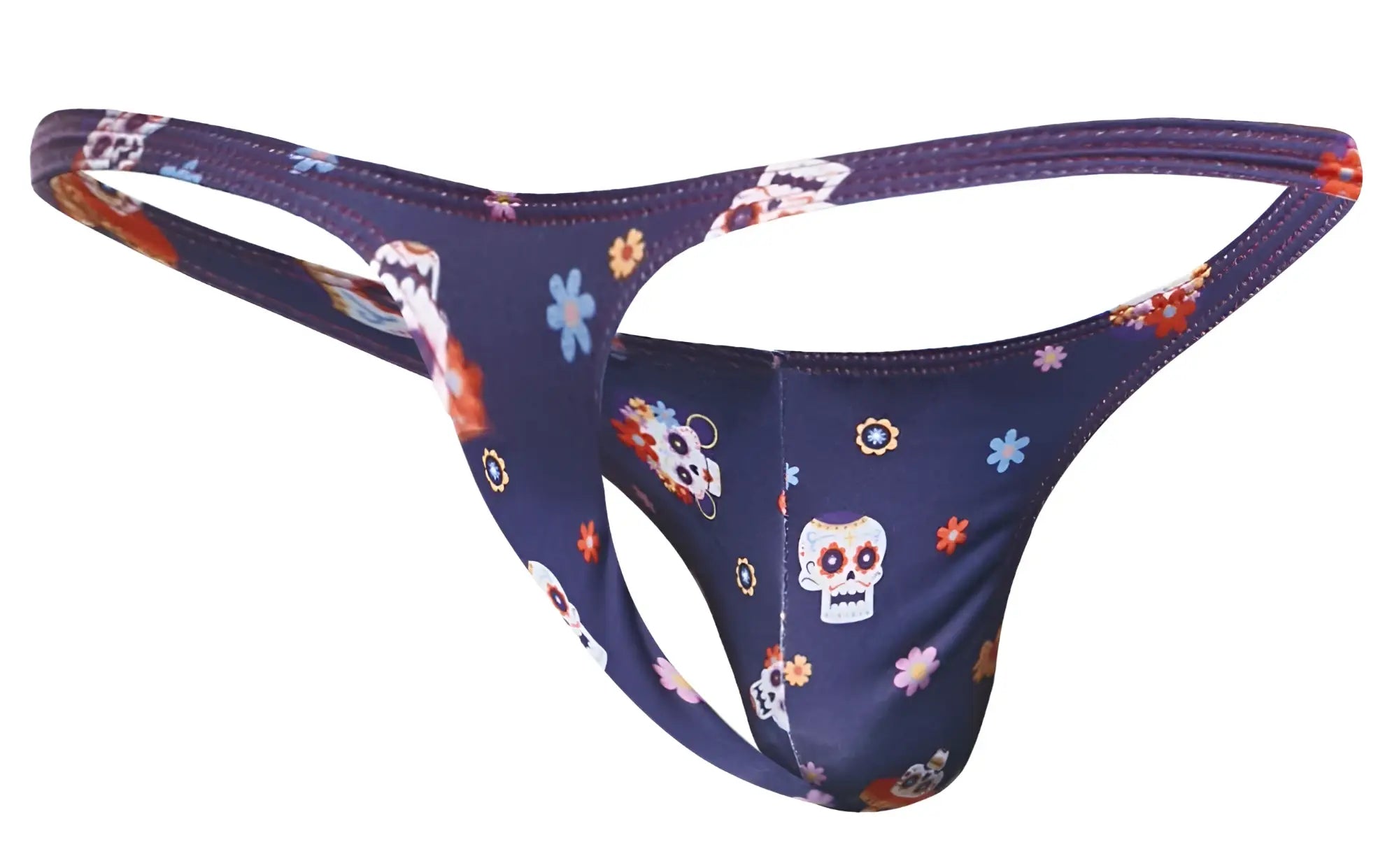 Navy blue justin simon xsj03 classic thong with colorful sugar skull and floral pattern in mexico style