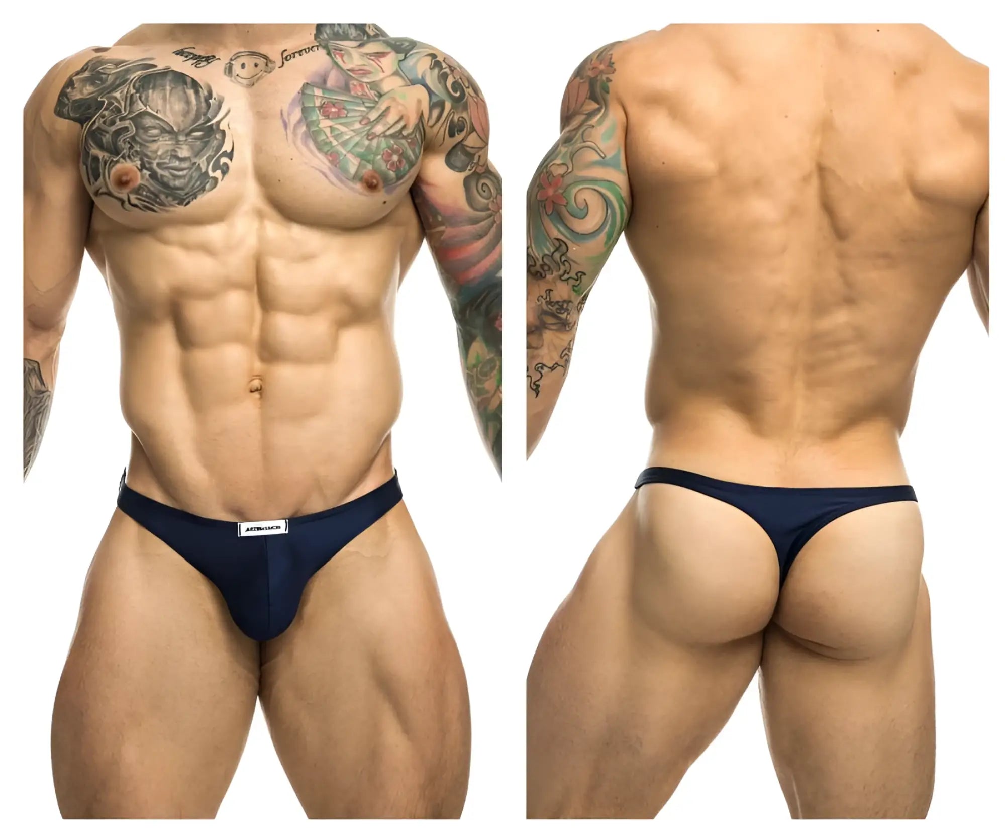 Navy blue athletic briefs by JUSTIN SIMON with white waistband label designed for comfort and support