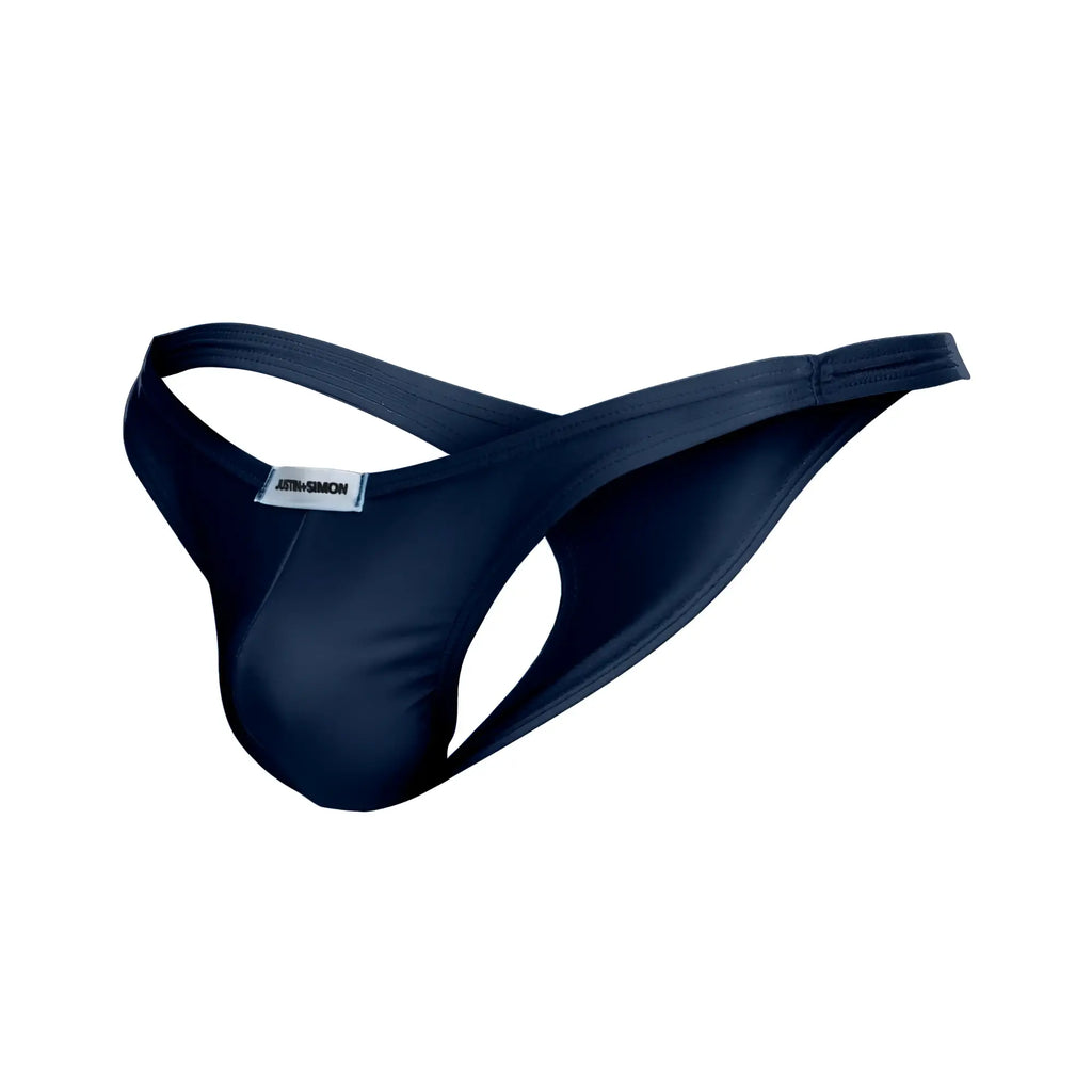 Navy blue justinsimon classic thong xsj03 made of smooth stretchable fabric with a sleek minimalist design, back view