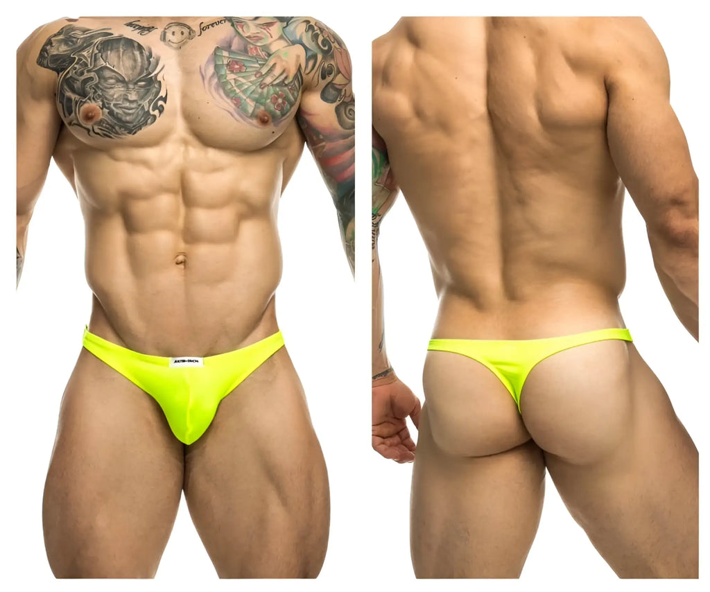 Neon yellow low-rise athletic briefs by Justin Simon with a small front logo in classic neon green color