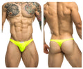 Neon yellow low-rise athletic briefs by Justin Simon with a small front logo in classic neon green color