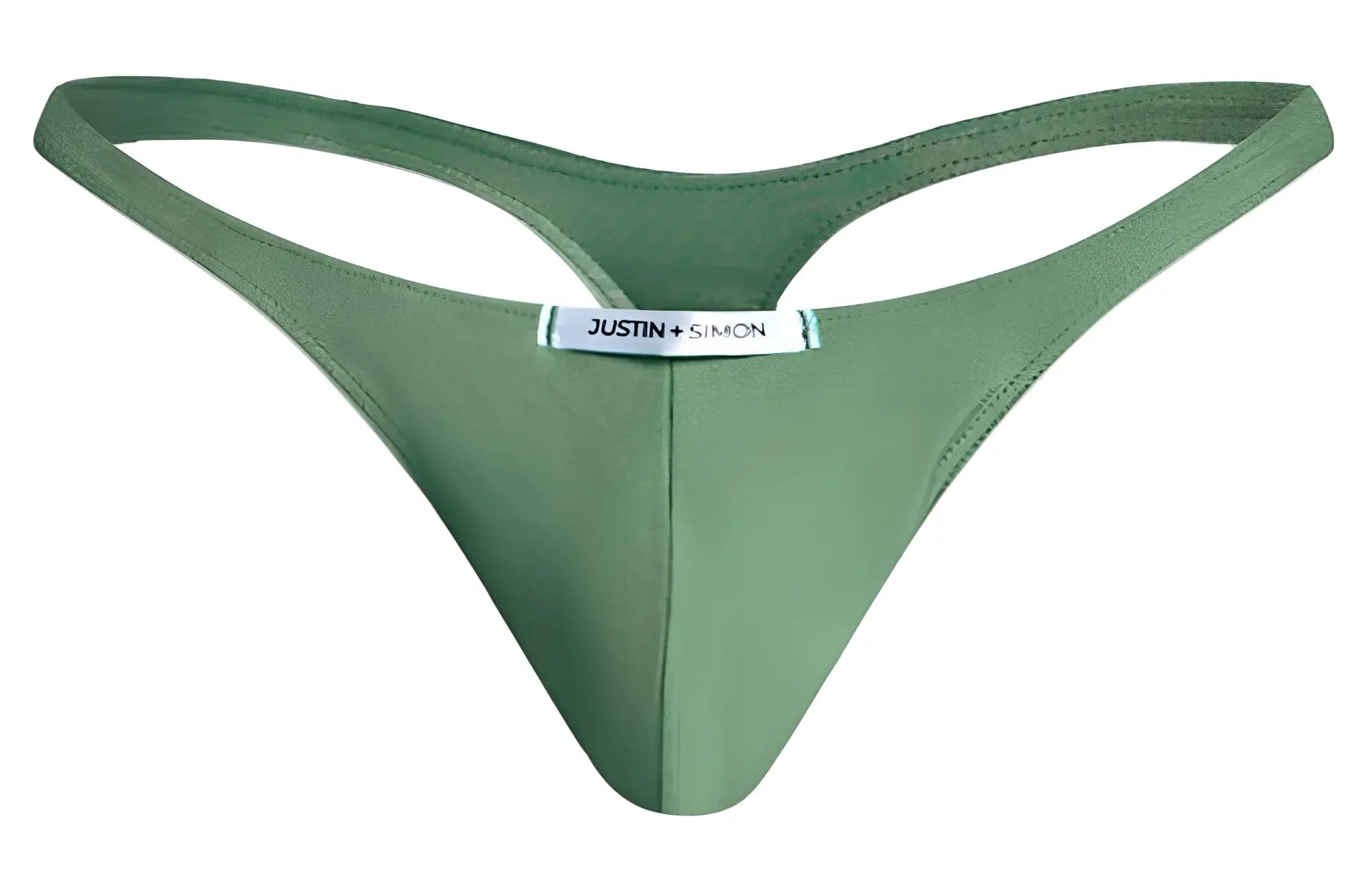 Olive green justin simon xsj03 classic thong in smooth stretchy fabric with minimalist design and brand label on back side