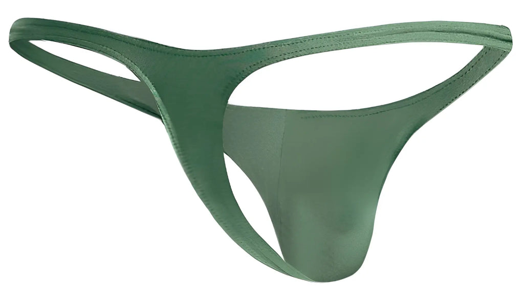 A sleek solid green classic thong by justin simon made of smooth stretchy fabric with minimalist design and stitching