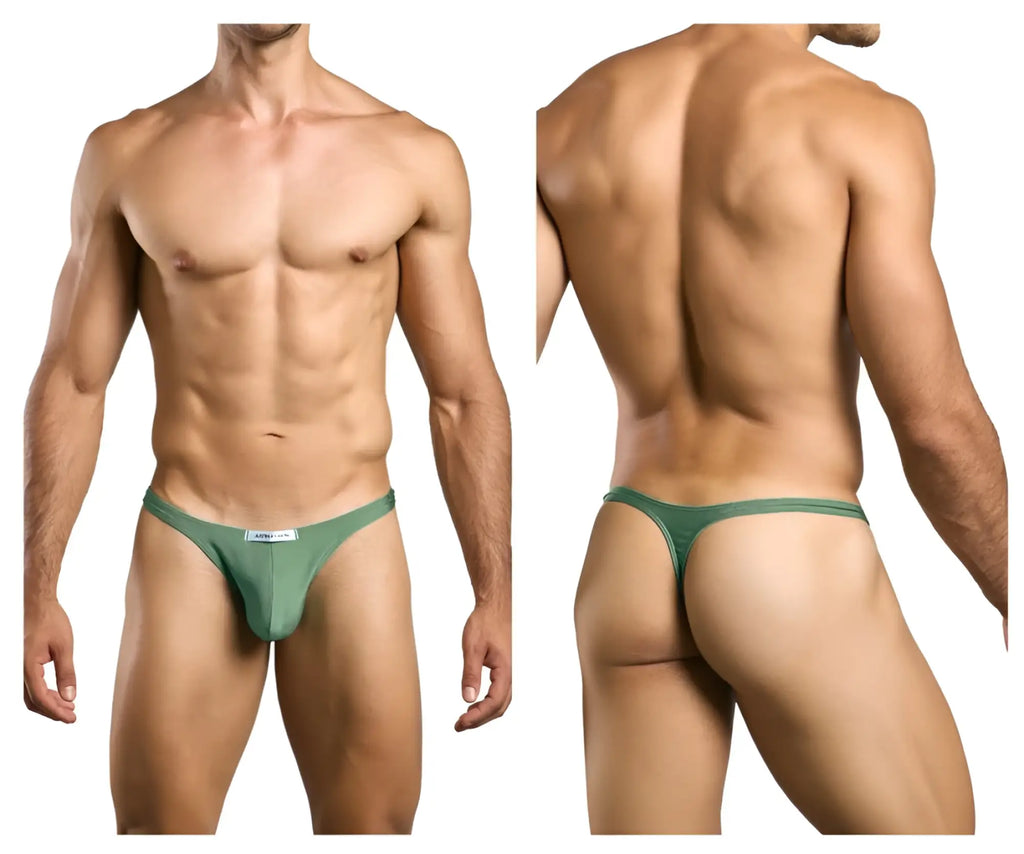 Green justin simon classic thong with a form-fitting design and small white label at the front