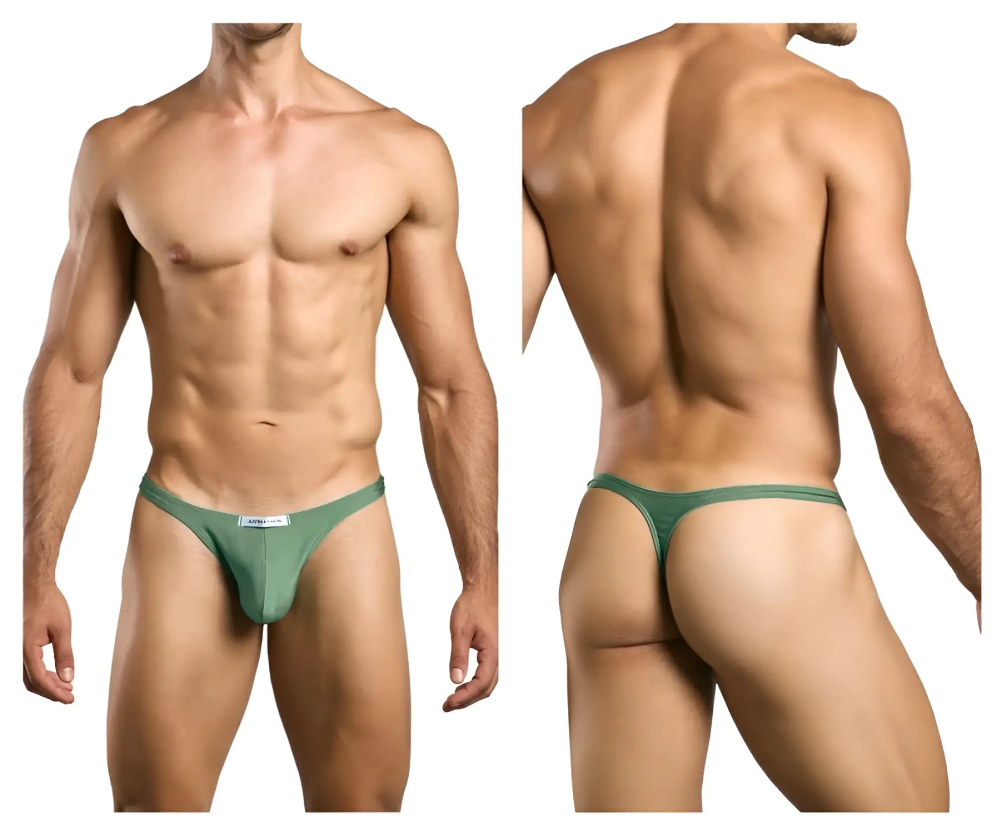 Green justin simon classic thong with a form-fitting design and small white label at the front