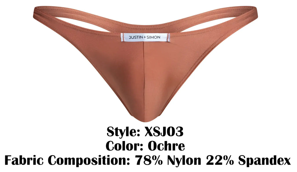 Ochre-colored thong by Justin Simon made from 78% nylon 22% spandex in the JUSTIN SIMON XSJ03 Classic Thongs line