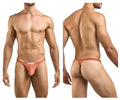 A sleek peach-colored justin simon xsj03 classic thong made of smooth fabric with a minimalist design and white label