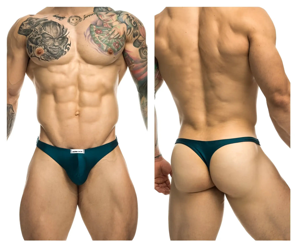 Teal-colored form-fitting thong with small white label at front from JUSTIN SIMON XSJ03 classic thongs opal green series