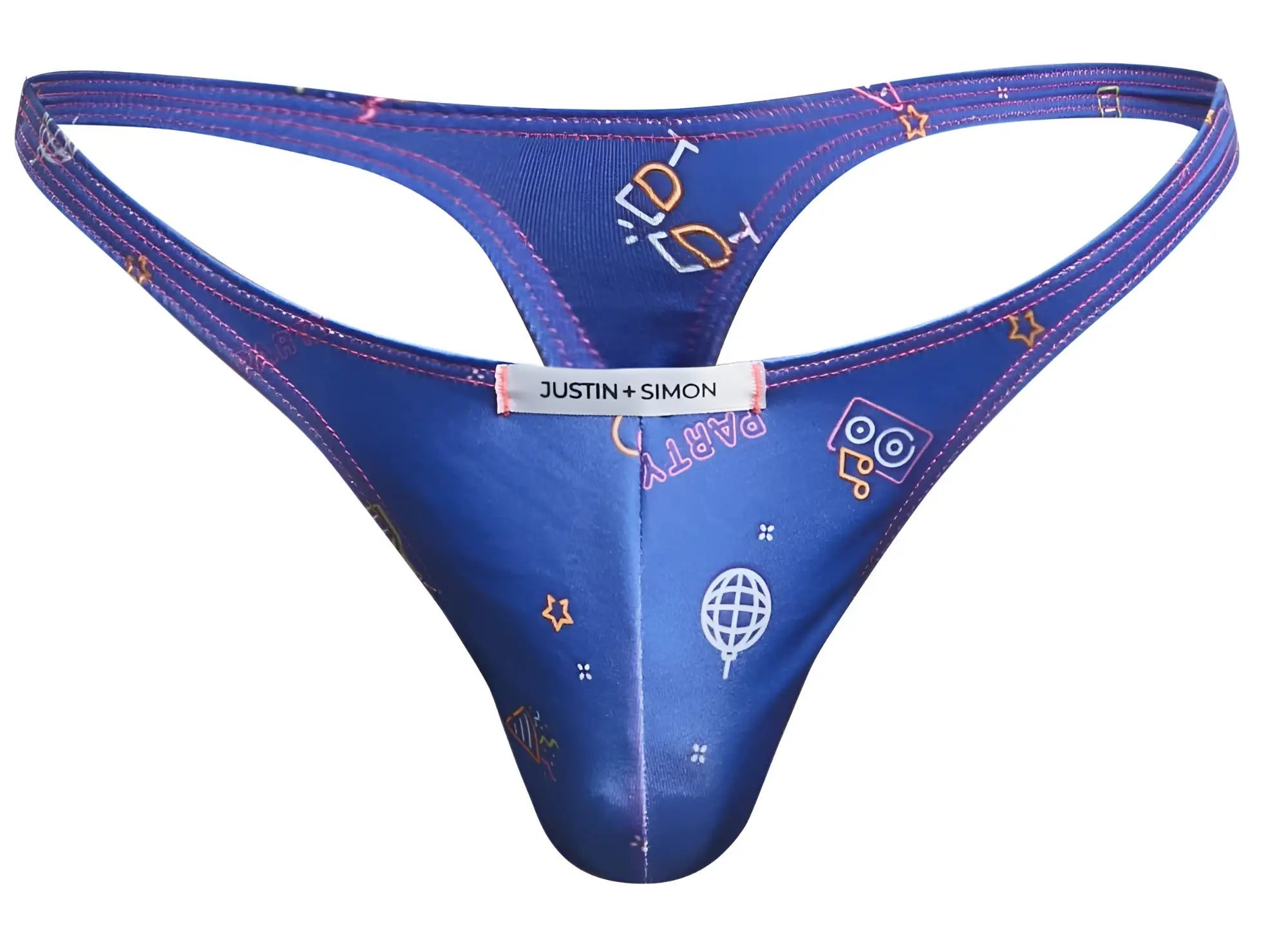 Blue justin simon thong with playful party-themed icons in pink yellow and white from justin simon xsj03 classic thongs color party