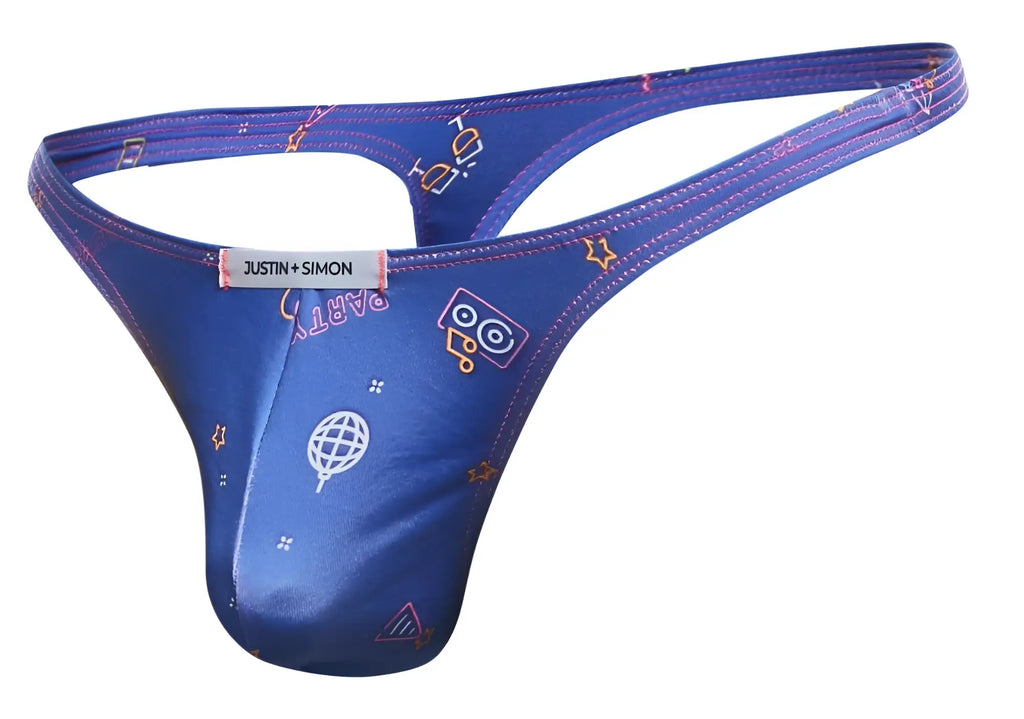 Blue justin simon thong with shiny satin finish and playful white yellow pink party-themed graphics front view