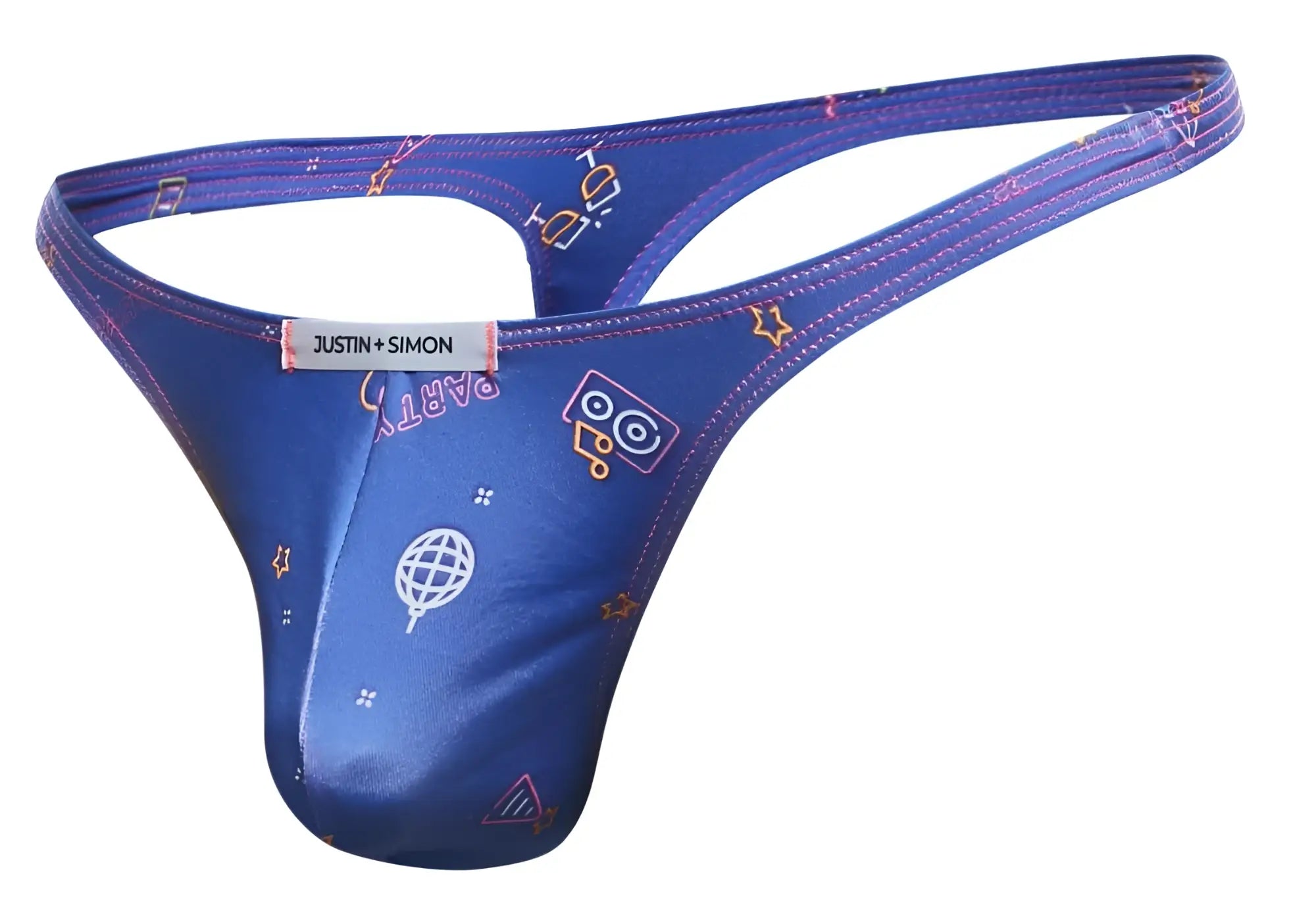 Blue justin simon thong with shiny satin finish and playful white yellow pink party-themed graphics front view