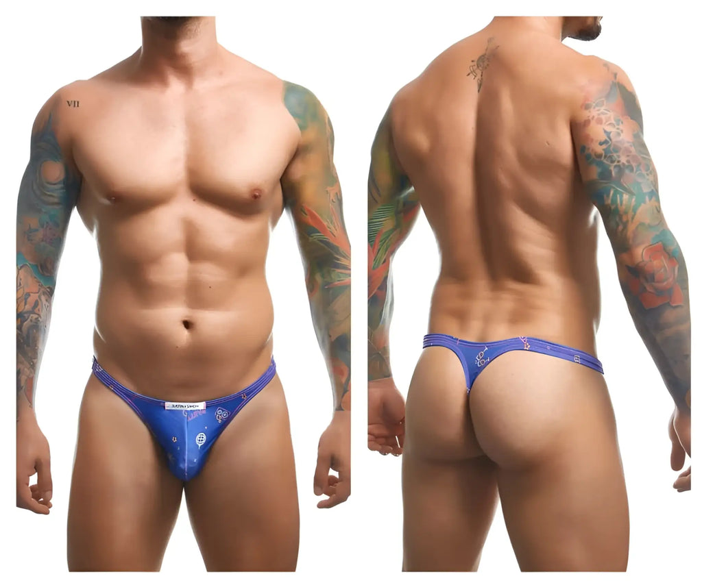 Blue patterned men’s thong with a small white logo on the front from justin simon xsj03 classic thongs color party collection