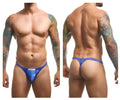 Blue patterned men’s thong with a small white logo on the front from justin simon xsj03 classic thongs color party collection