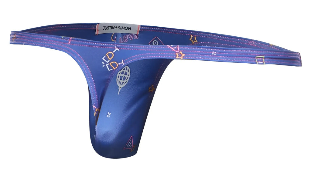 Blue satin thong from justin simon xsj03 classic thongs color party with playful pink and white star and globe pattern