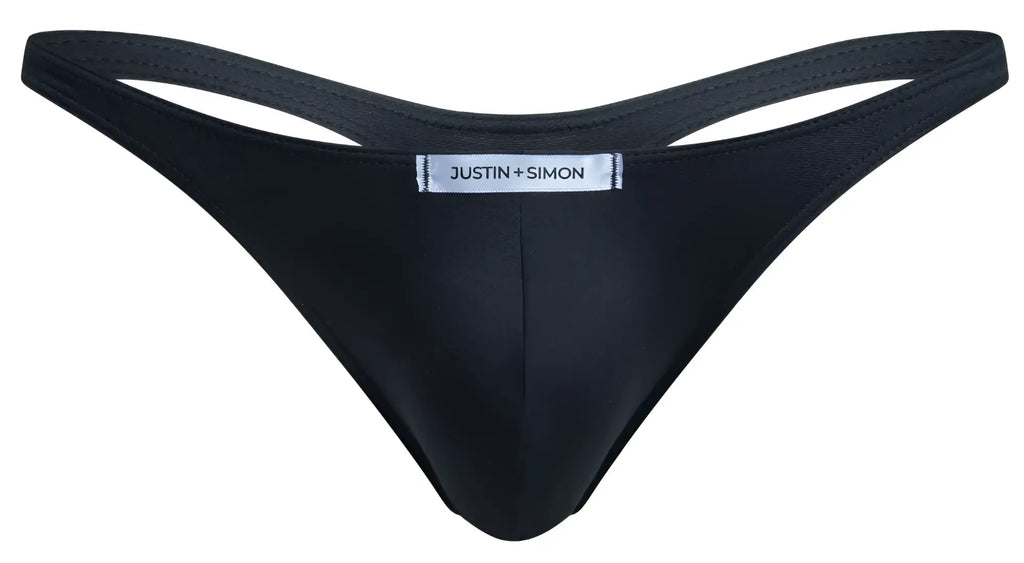 Black justin simon thong with sleek smooth fabric and minimalist design from the classic xsj03 collection