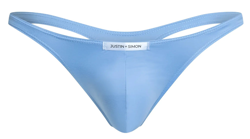 Light blue justin simon thong with smooth stretchy fabric and minimalist design from the classic thongs peach blue line