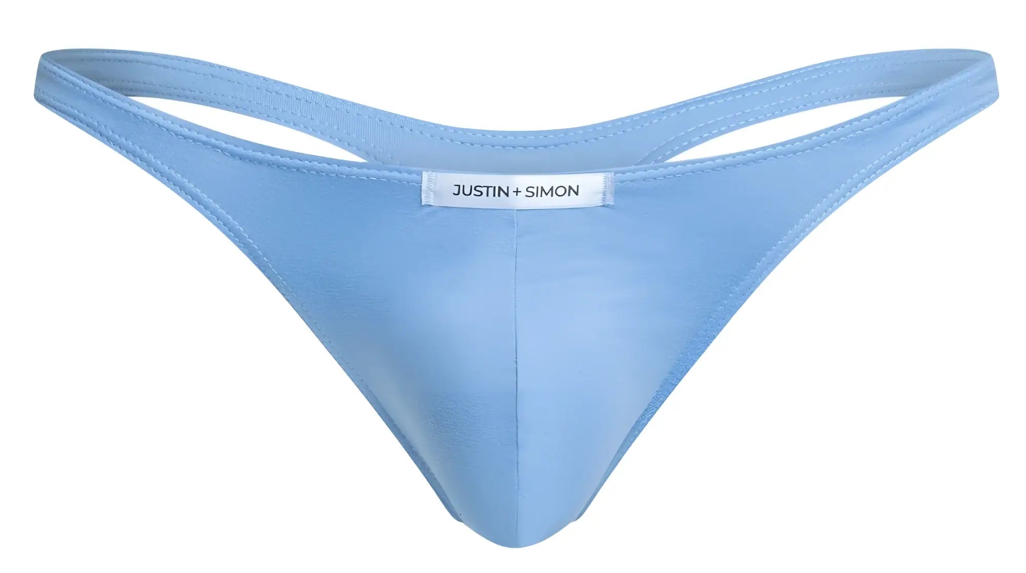 Light blue justin simon thong with smooth stretchy fabric and minimalist design from the classic thongs peach blue line