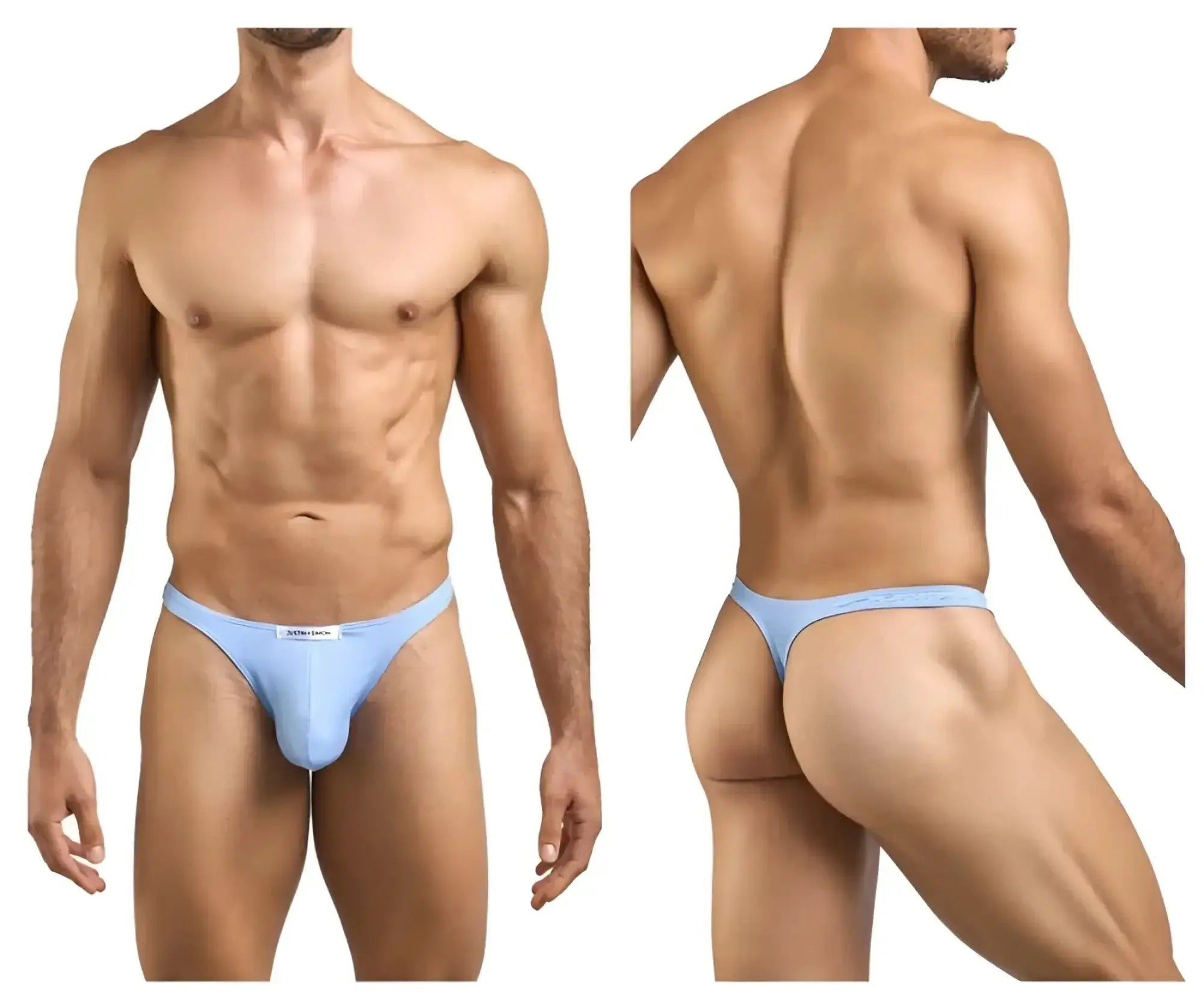 Light blue classic thong underwear by justin simon with a subtle brand tag and form-fitting design in color peach blue
