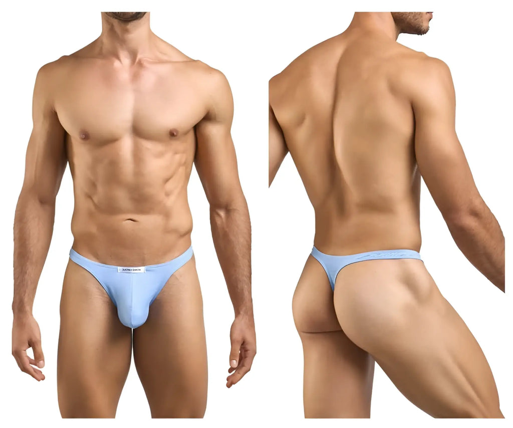 Light blue classic thong underwear by justin simon with a subtle brand tag and form-fitting design in color peach blue