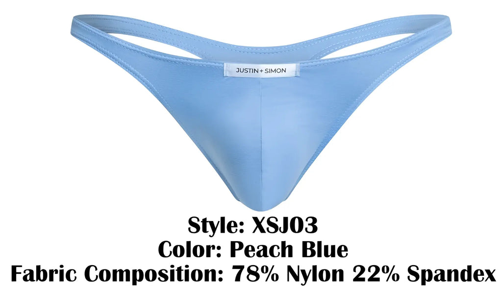 Peach blue classic thong by justin and simon made of 78 nylon and 22 spandex shown from the back side