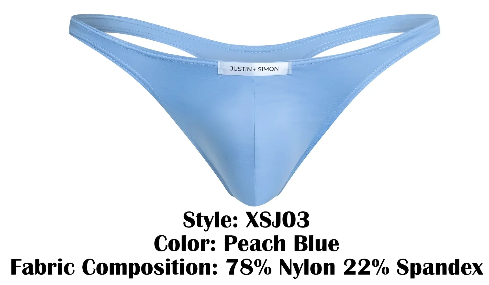 Peach blue classic thong by justin and simon made of 78 nylon and 22 spandex shown from the back side