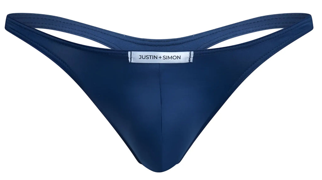 Navy blue justin simon thong with sleek smooth fabric and minimalist design from justin simon xsj03 classic thongs collection